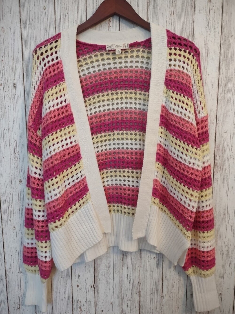 Pink Republic Open Front Knit Cardigan Sweater Coral White Yellow Striped Medium